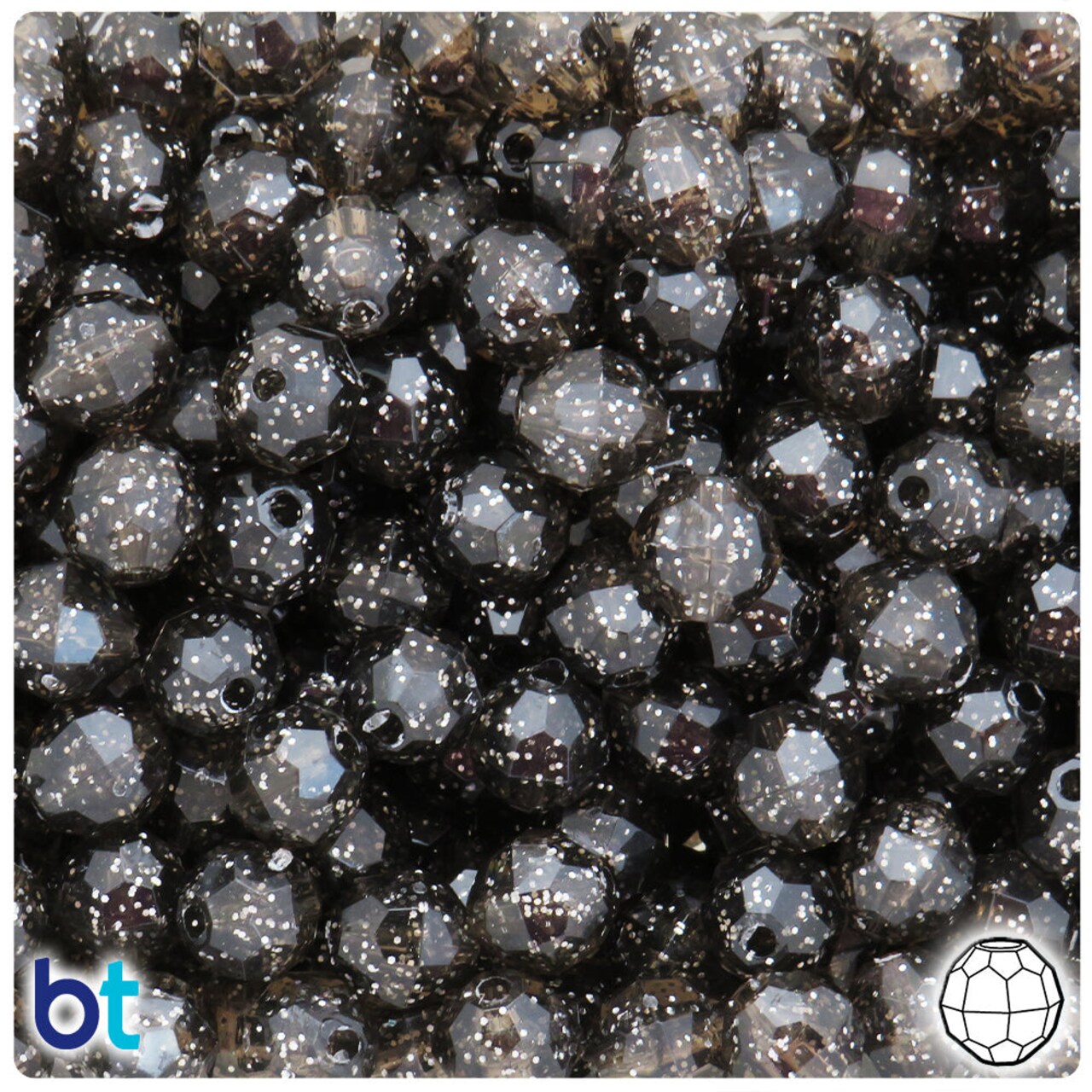 BeadTin Jet Sparkle 10mm Faceted Round Plastic Craft Beads (225pcs)